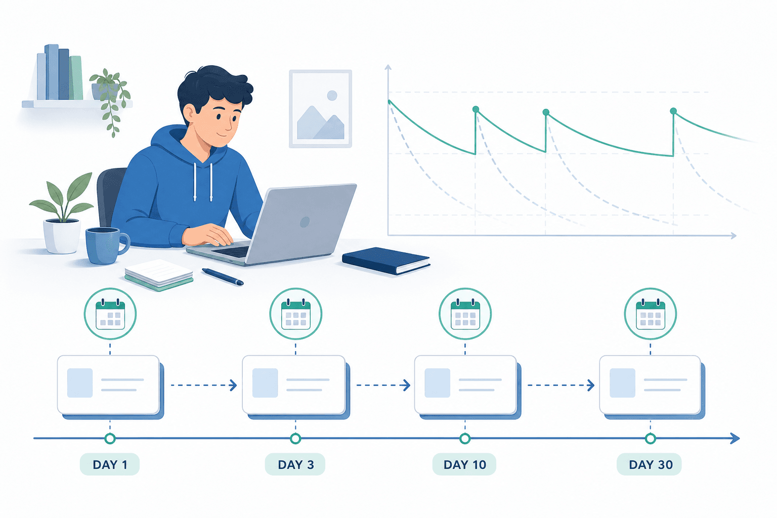 Flat-design illustration of a student at a desk with flashcards appearing at progressively wider intervals on a timeline, with an upward-curving retention graph in the background