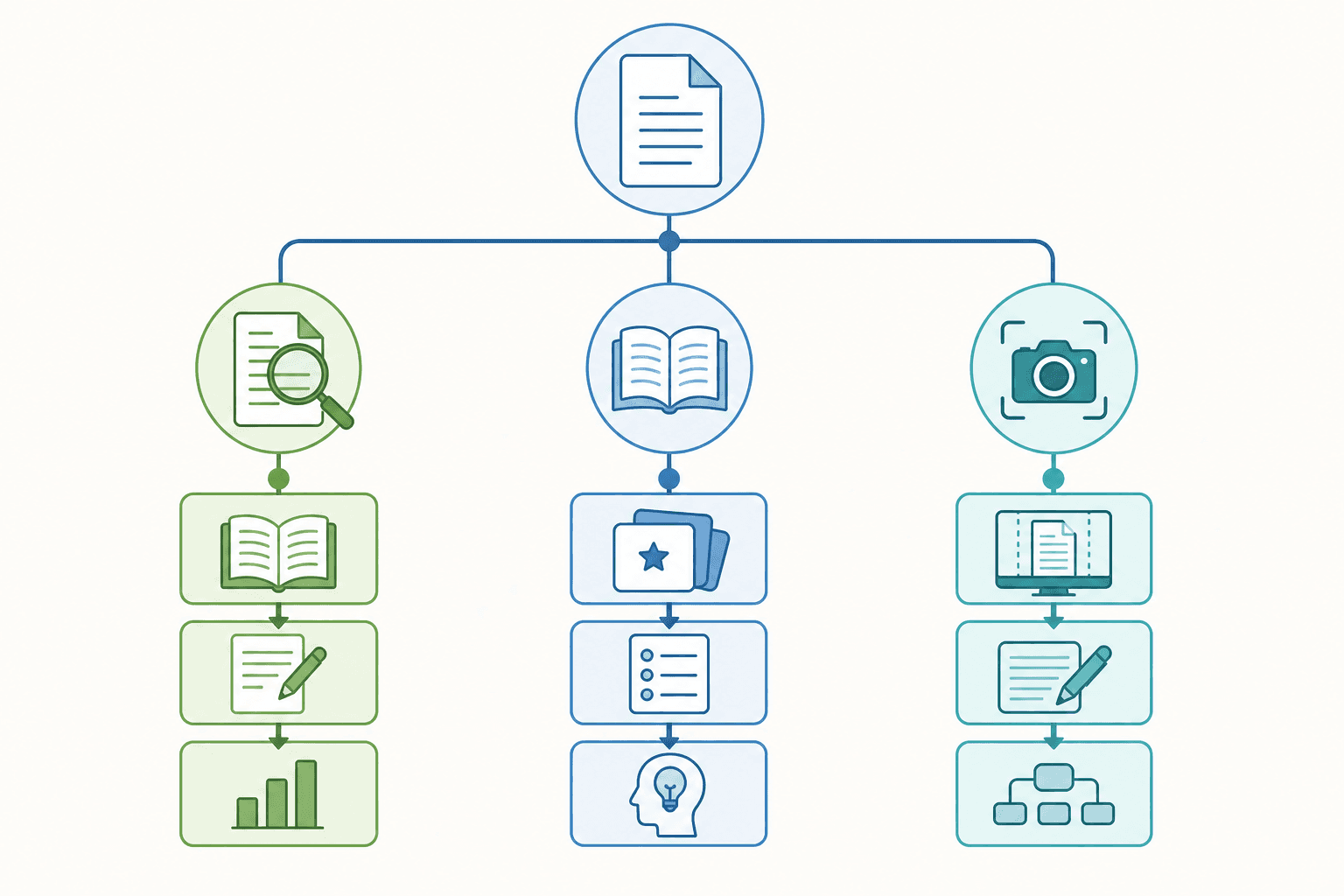 Branching decision flowchart from a document icon splitting into a selectable-text path and a scanned-image path, each flowing into a distinct downstream process.