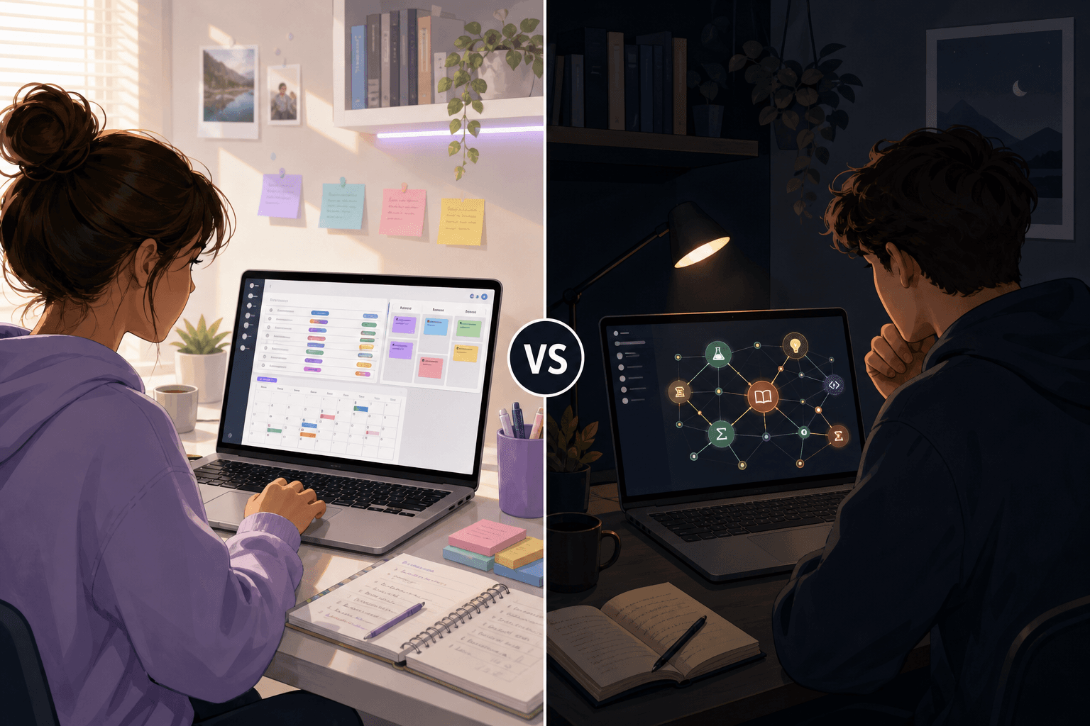 Split illustration showing a student using Notion's colorful database interface on the left and a student using Obsidian's dark-mode graph view on the right