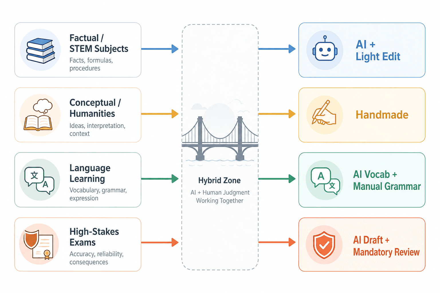 Decision framework diagram showing four subject-type rows branching to color-coded recommended methods: factual and STEM subjects to AI plus light edit, conceptual and humanities to handmade, language learning to a combined approach, and high-stakes professional exams to AI draft plus mandatory review.