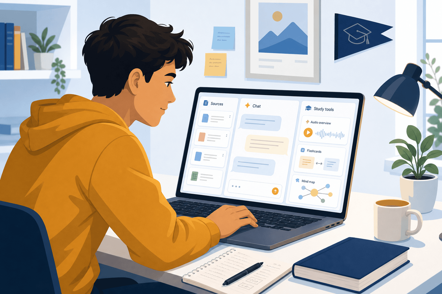 A college-age student leans forward at a clean desk with a laptop showing a stylized three-panel interface with source cards, chat bubbles, and Studio output icons.