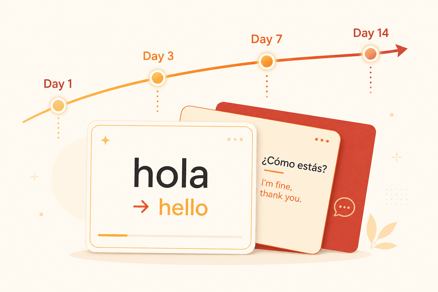 Fan of Spanish flashcards with 'hola → hello' on the front card and a spaced repetition arc showing Day 1, Day 3, Day 7, and Day 14 review intervals in the background