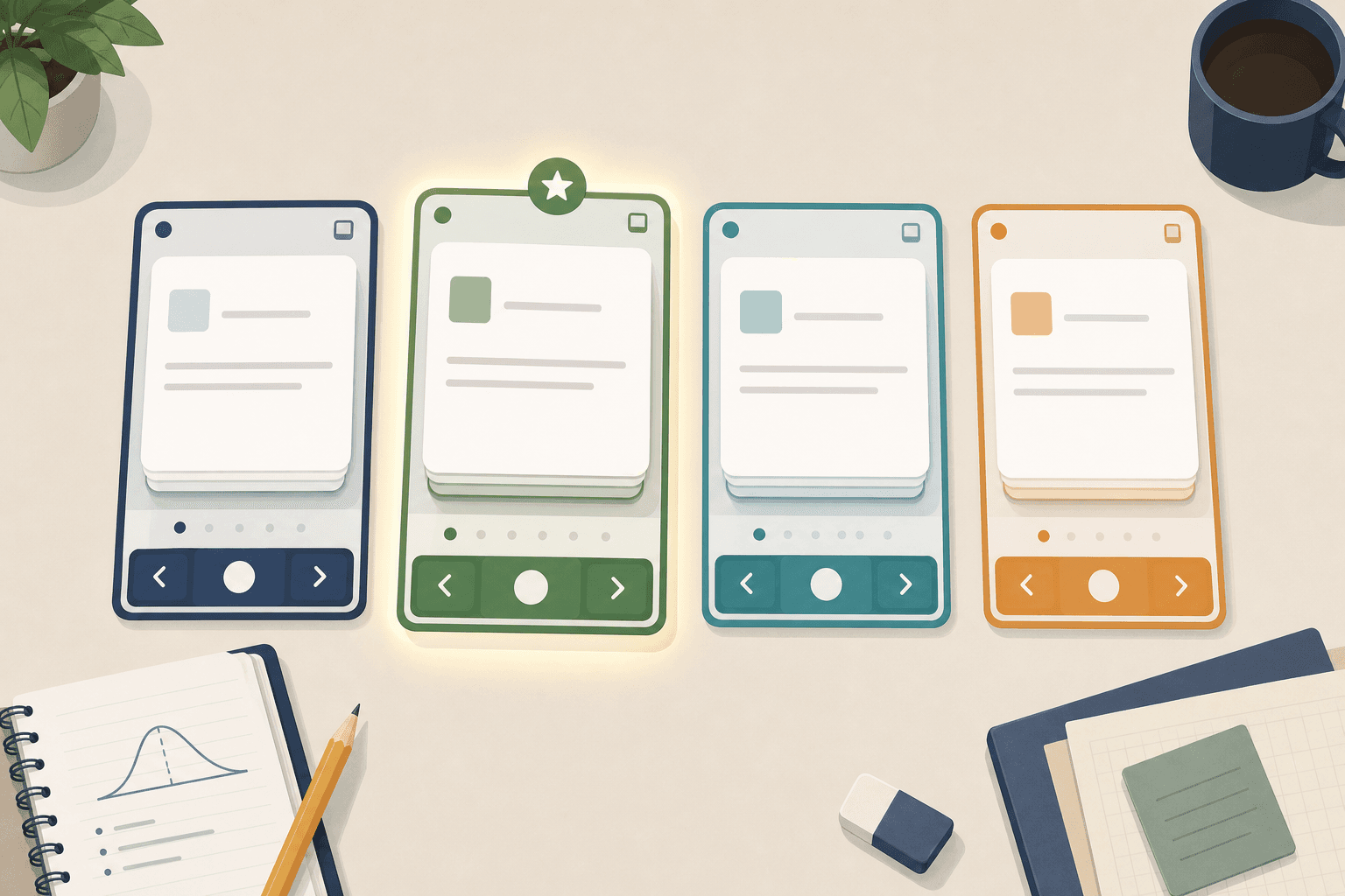 Four color-coded digital flashcard app screens arranged side by side on a study desk, representing different GRE vocabulary deck options