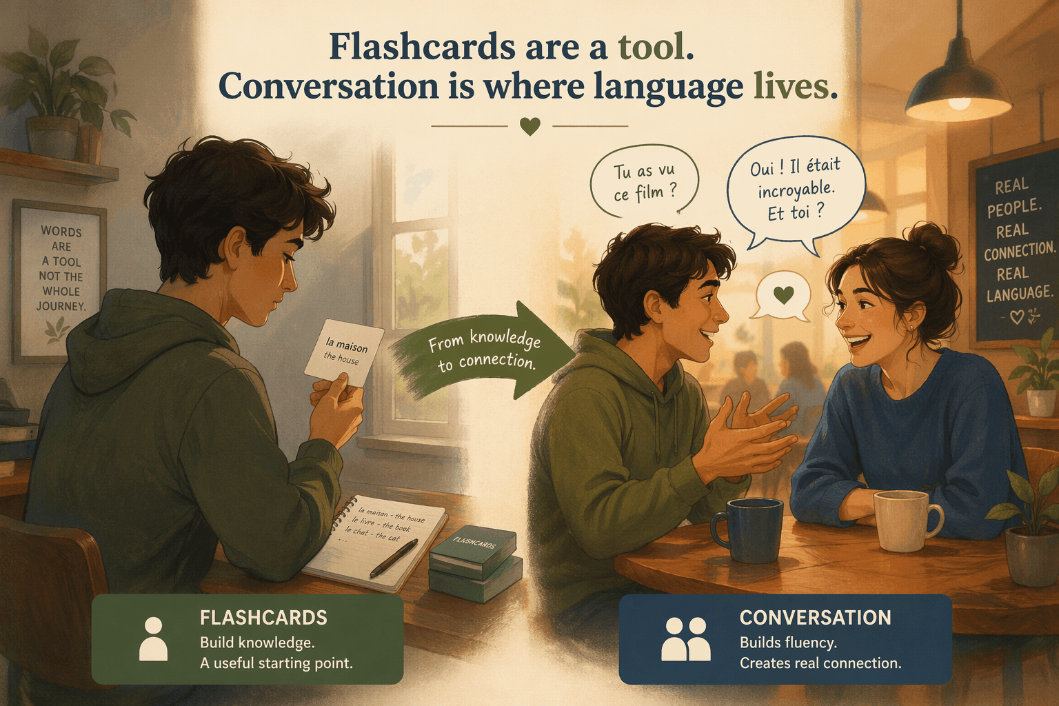 A warm editorial illustration split into two scenes: on the left a person studying alone with a small flashcard, and on the right the same person engaged in a lively two-person conversation with speech bubbles, connected by a soft arrow showing the progression from flashcards to real communication.