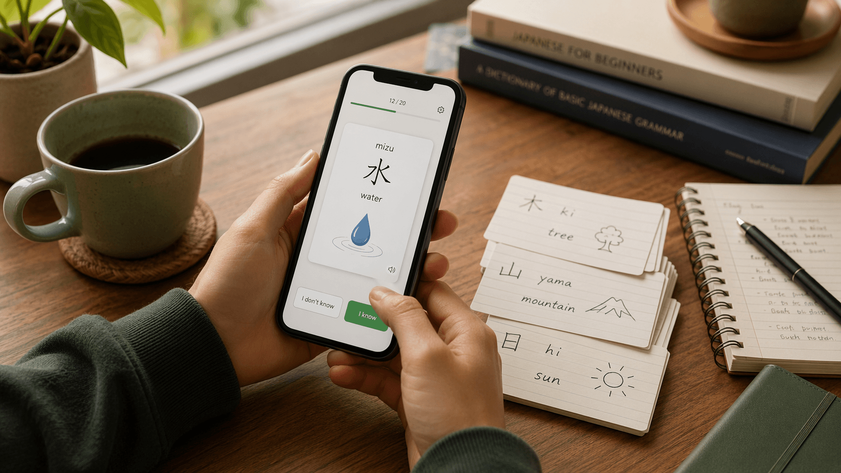 A warm study scene at a wooden desk showing a smartphone displaying a flashcard app with a foreign word and illustration, alongside a small stack of physical handwritten flashcards, a coffee cup, and a notebook under soft natural lighting with muted green and blue tones.