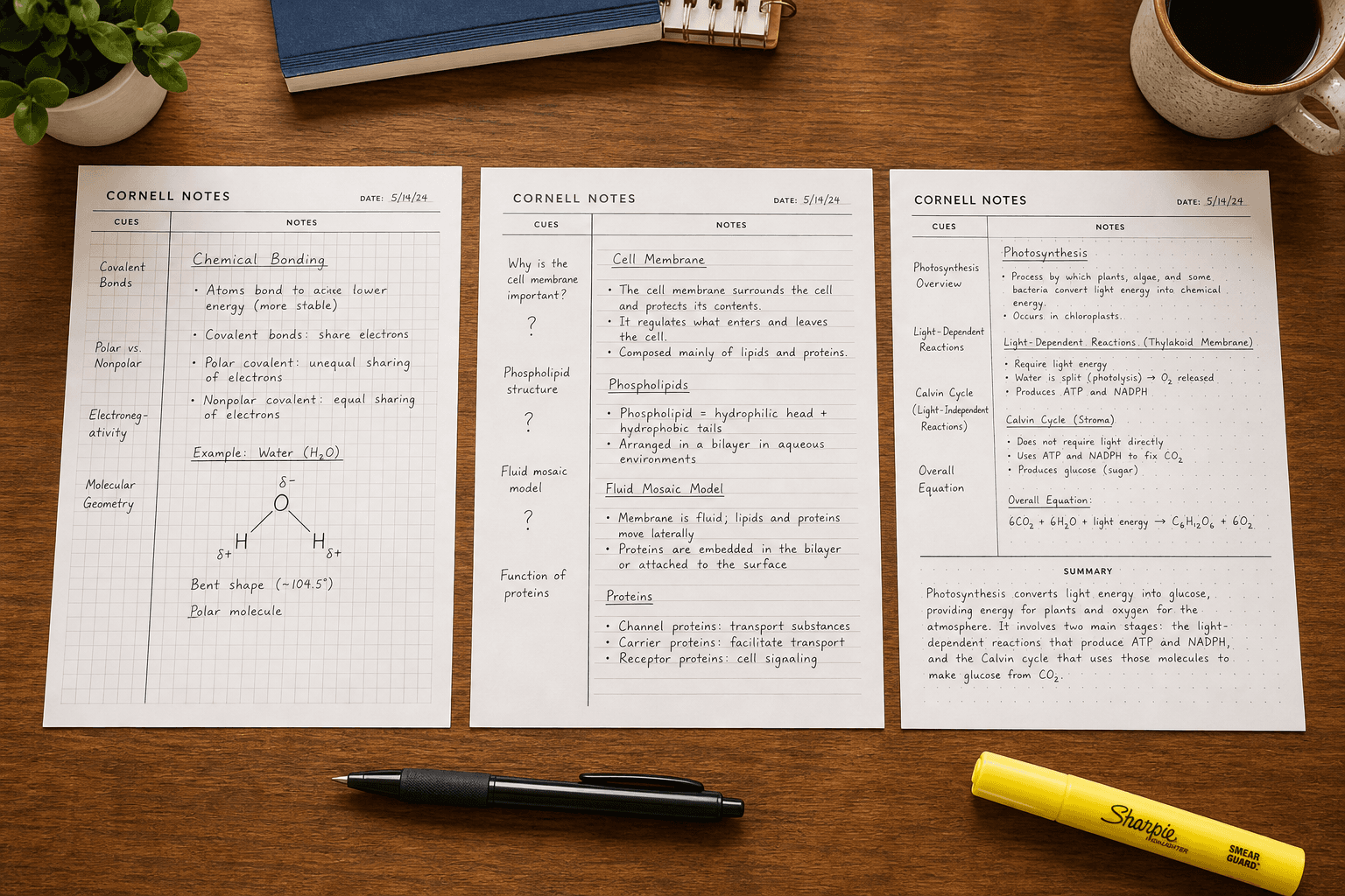 Top-down flat-lay photograph of a student desk with three Cornell notes templates on warm wood surface: left template has graph-paper grid with chemistry diagram, center template has wide-ruled lines with wide cue column, right template has dotted note area with expanded summary section, alongside a pen, highlighter, and coffee mug.