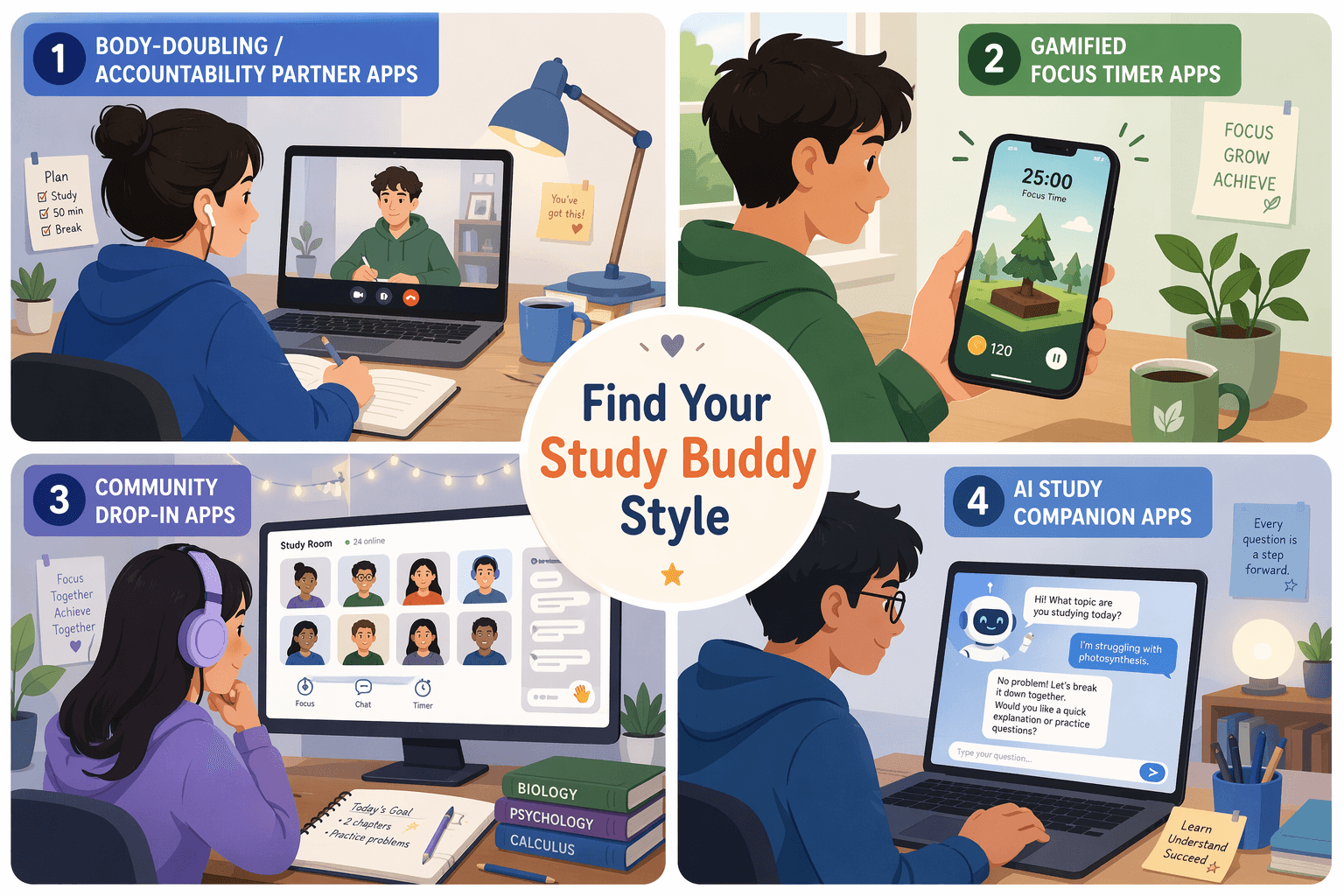 A 2x2 grid illustration showing four student study setups representing the four categories of study buddy apps: video body-doubling, gamified focus, community drop-in rooms, and AI companions.