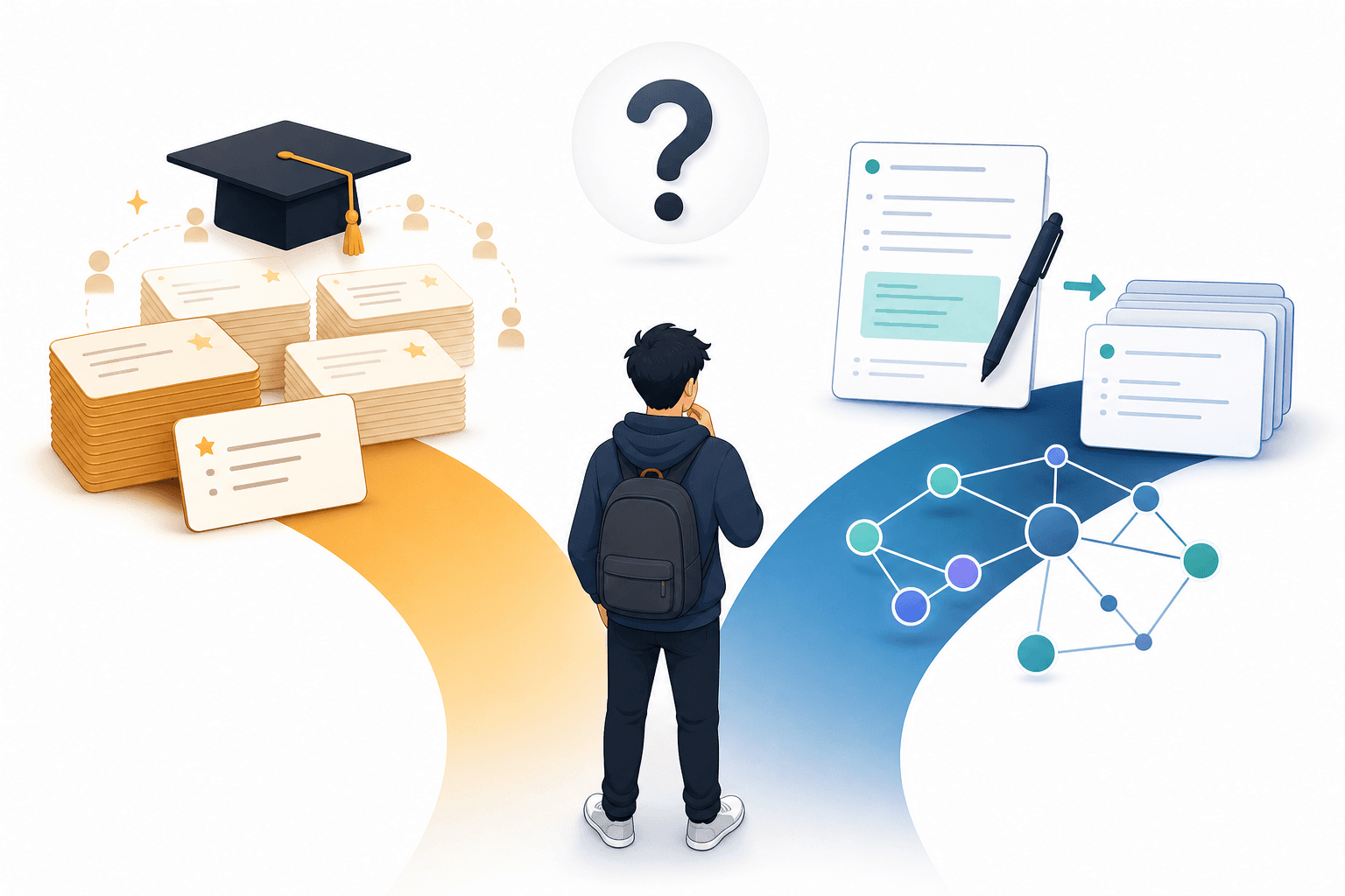 Illustration of a decision fork: left path shows stacks of pre-made decks and a graduation cap on warm amber tones; right path shows notes transforming into flashcards with knowledge graph lines on blue and teal tones.
