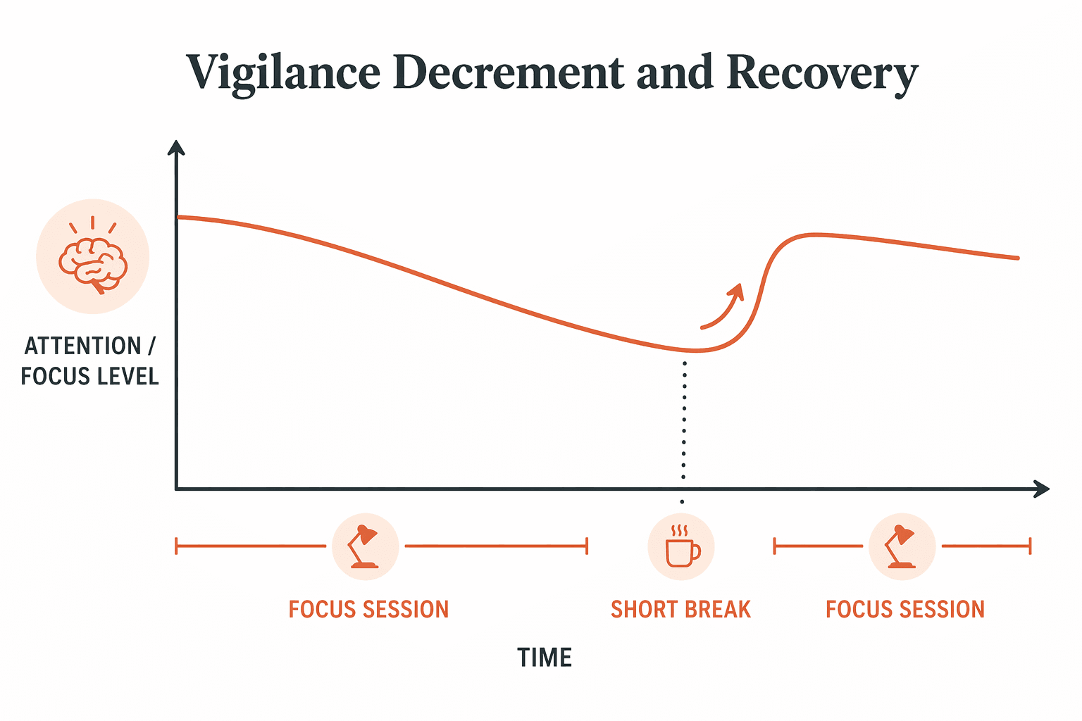 Minimal line chart illustration showing a focus level curve that declines over a work session, then recovers after a short break marker, with a second session starting at a higher level.