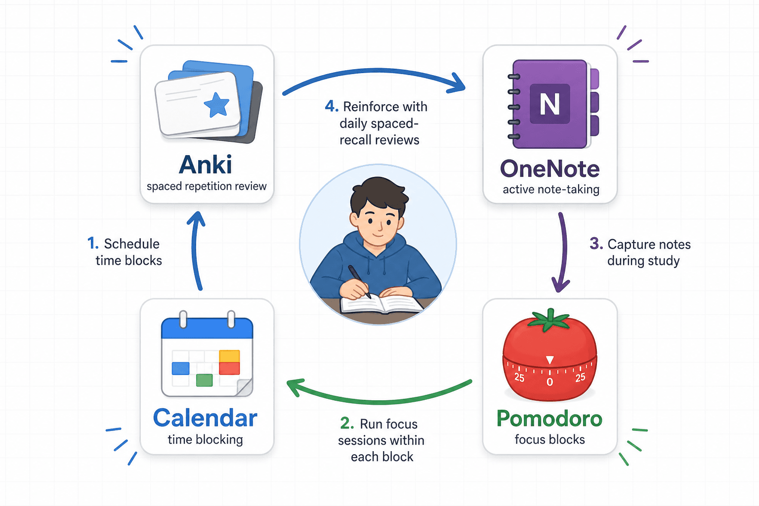 A circular workflow diagram showing a student icon at the center connected to four app icons: Anki (spaced repetition arrows), OneNote (active note-taking arrows), a Pomodoro timer (focus block arrows), and Google Calendar (time-blocking arrows), with directional arrows showing the weekly cycle.