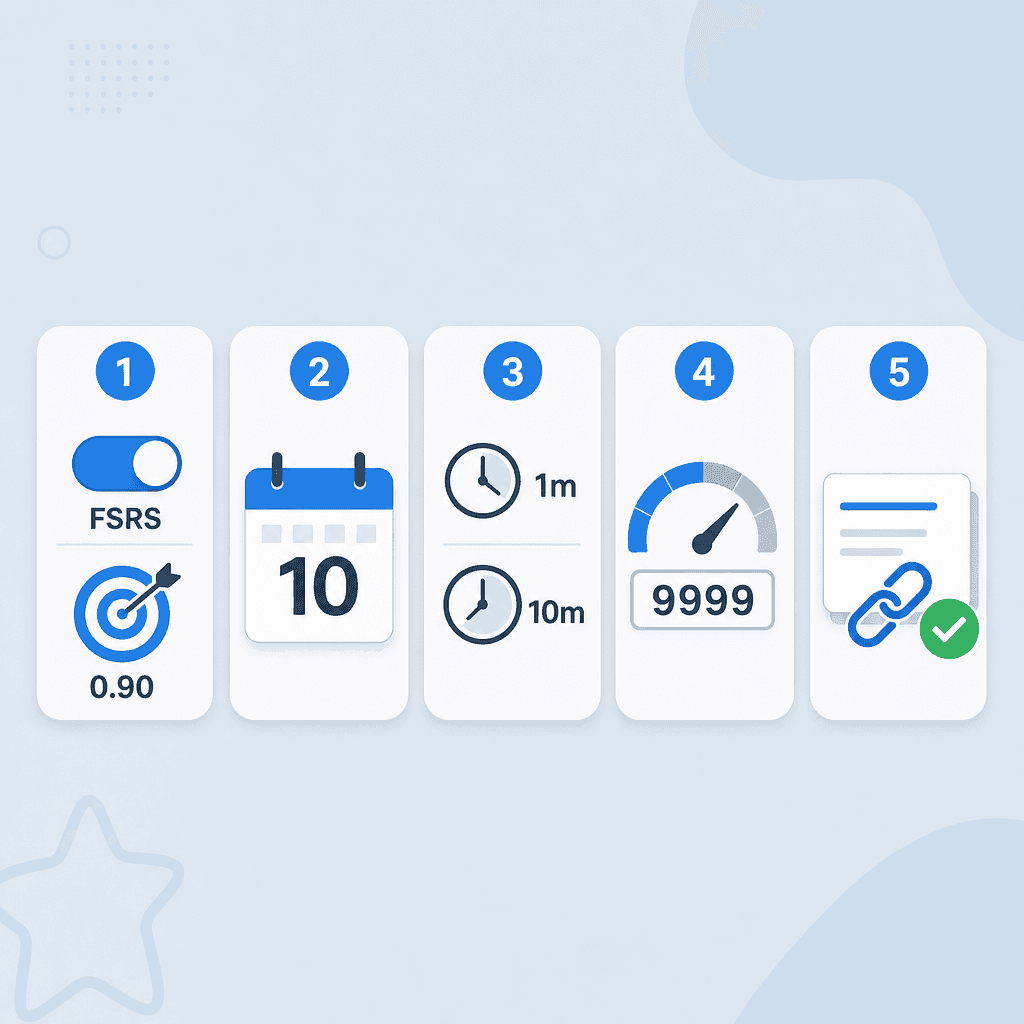 Five numbered icons showing the key Anki settings: a toggle for FSRS, a calendar marked 10, two clock icons for 1m and 10m, a gauge set to 9999, and a card with a chain link and checkmark.