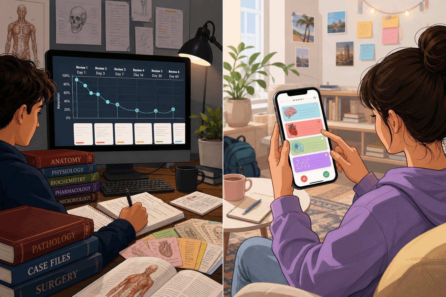 Split illustration showing two contrasting study environments: a focused student at a desktop with spaced repetition graphs and textbooks on the left, and a student using a smartphone with colorful flashcard sets on the right.