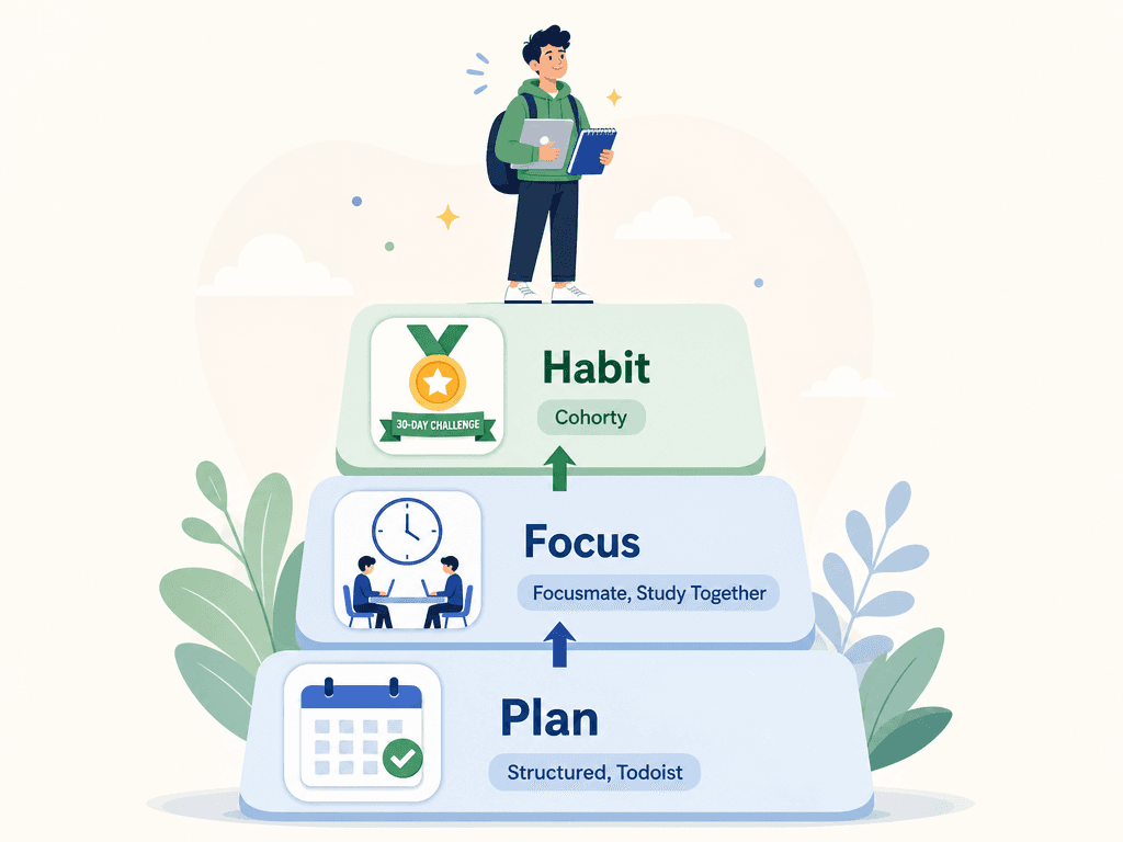 A pyramid illustration showing three stacked app icons: a calendar for planning at the bottom, a clock with silhouettes for focus in the middle, and a medal for habit at the top.