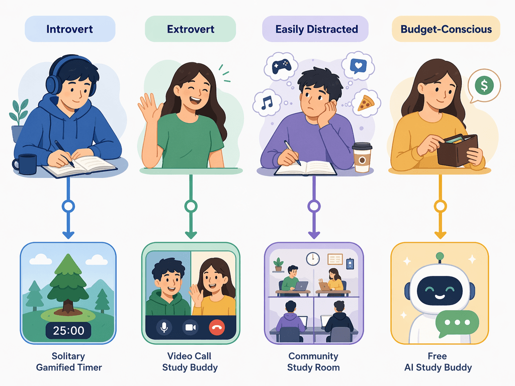 An illustration showing four student persona silhouettes (Introvert, Extrovert, Easily Distracted, Budget-Conscious) connected by arrows to their recommended app categories.