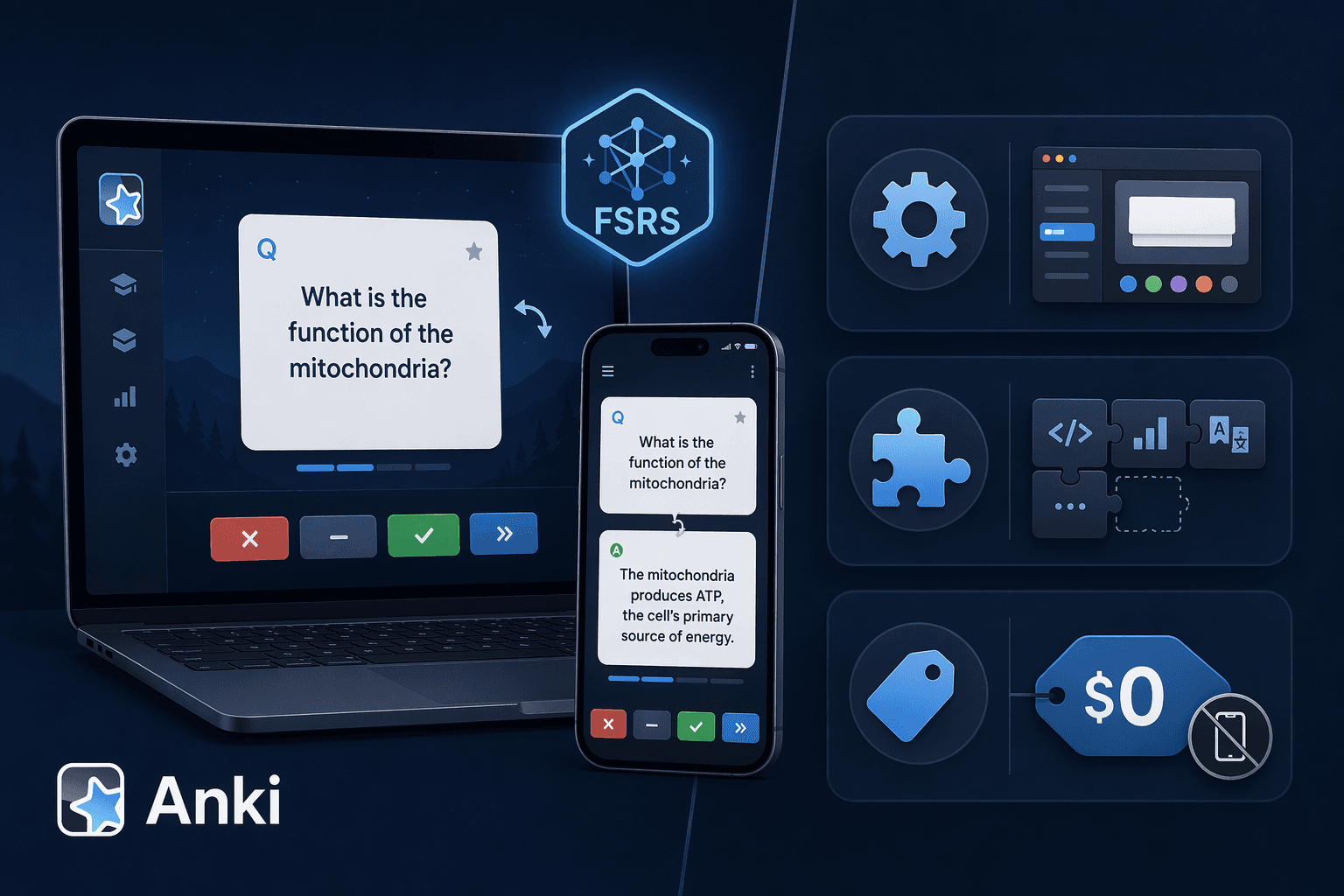 Split illustration showing Anki's ecosystem: stylized laptop and phone with FSRS badge, and icons for customization, add-ons, and free pricing.