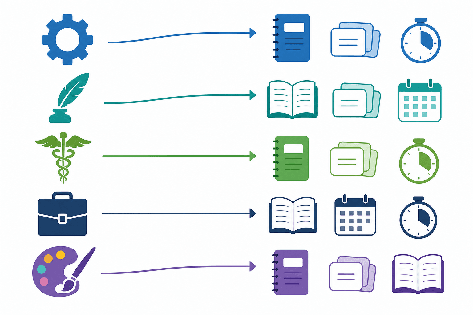 A decision flow diagram connecting five major icons (STEM, humanities, pre-med, business, creative arts) to sets of app category icons.