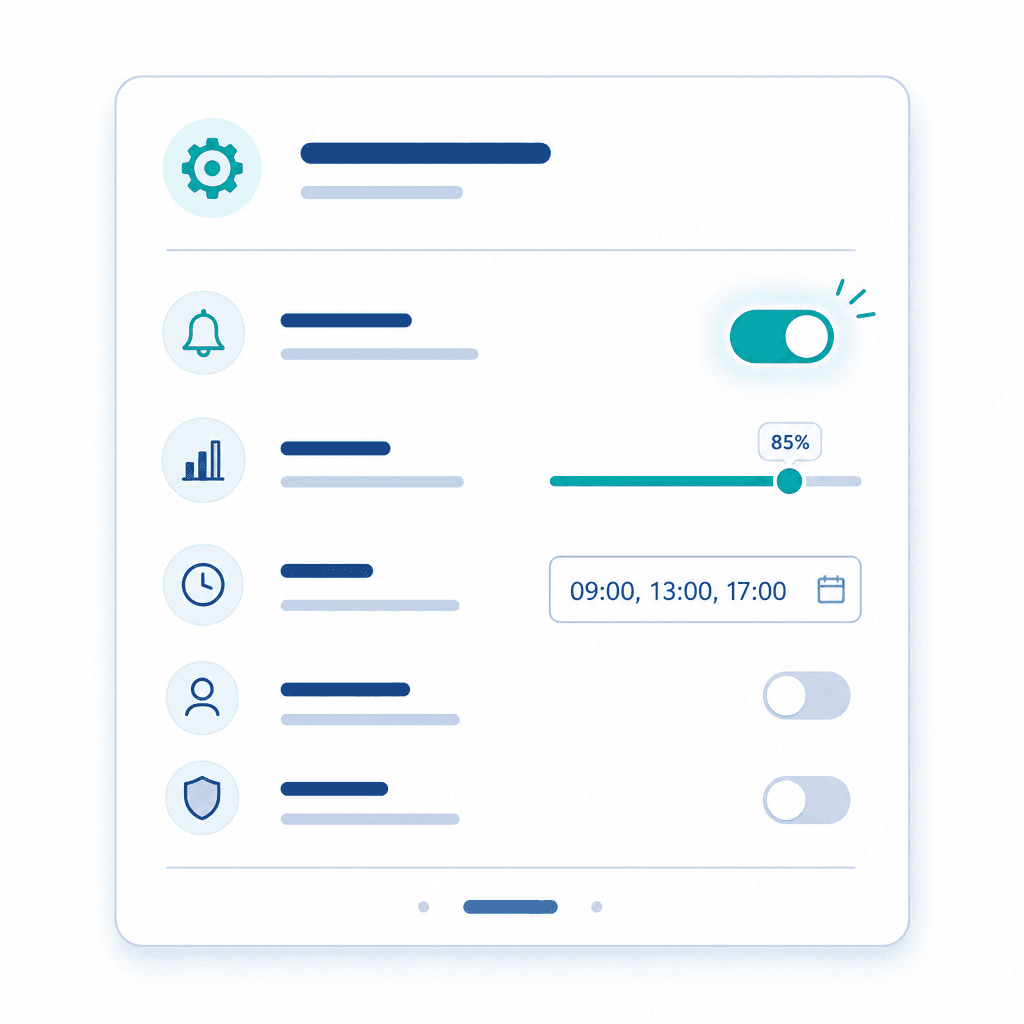 Minimal flat illustration of a settings panel with a teal toggle switch in the ON position, a slider, and an input field