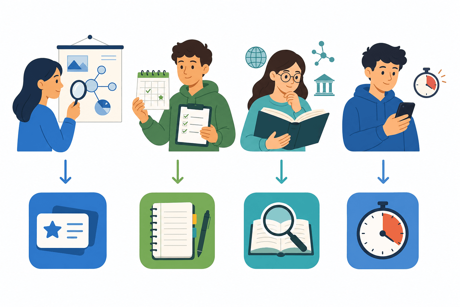 Four student figures representing visual learner, organized planner, deep researcher, and short-attention-span learner, with arrows pointing to matching app category icons.