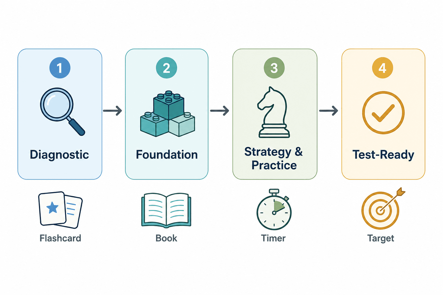 Four-phase GRE study progression diagram: Phase 1 Diagnostic, Phase 2 Foundation, Phase 3 Strategy and Practice, Phase 4 Test-Ready, connected by arrows with tool icons beneath each phase.