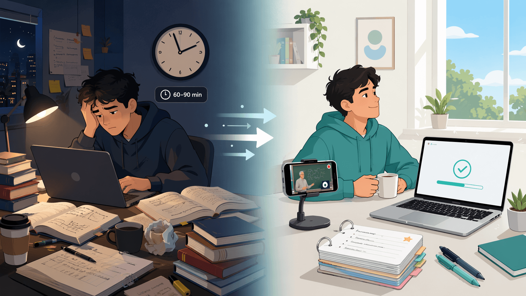 Split illustration contrasting the old manual flashcard creation workflow with the new AI-native workflow.