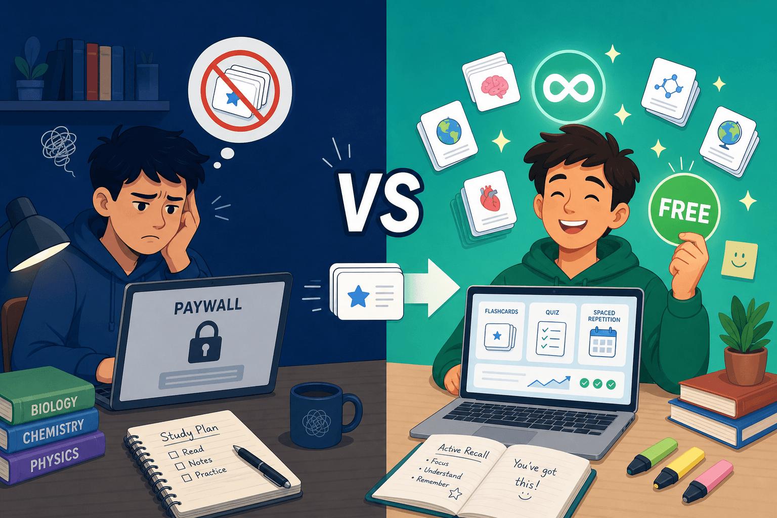 Comparison illustration showing a frustrated student on the Quizlet side with a Paywall notice and a smiling student on the Knowt side with a Free badge, with flashcards moving from left to right.