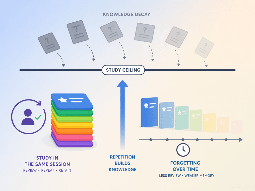 Flat vector illustration showing a bright card stack with a circular arrow on the left representing single-session study, transitioning into fading transparent cards on the right showing knowledge decay over time, with a horizontal ceiling barrier and a clock icon, on a soft academic gradient background.