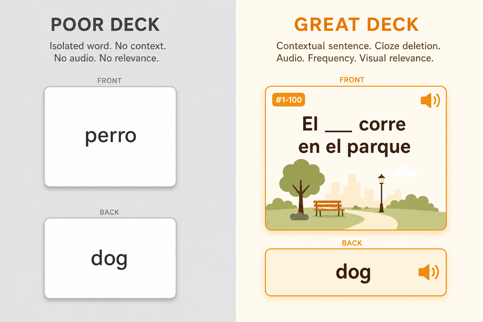 A side-by-side comparison illustration. Left side shows a 'POOR DECK' flashcard with an isolated word 'perro' on a dull gray background with no audio or context. Right side shows a 'GREAT DECK' flashcard with a Spanish cloze sentence, an audio speaker icon, a frequency tag, and a small park icon on a warm accent-colored background.