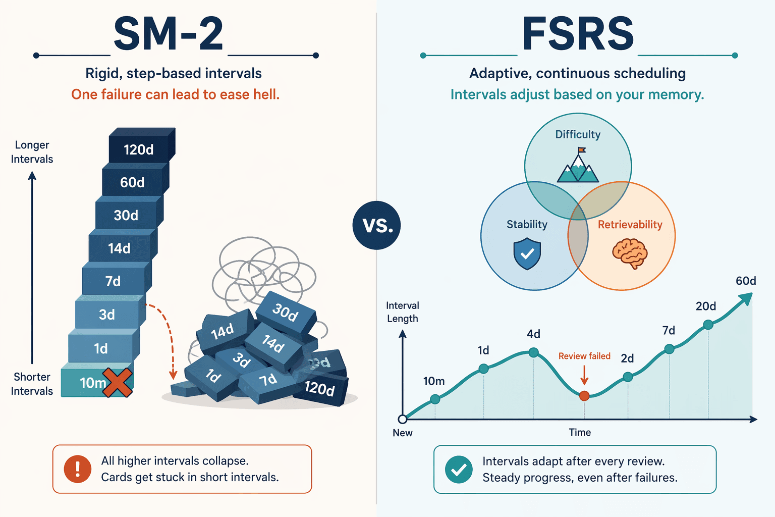 Side-by-side flat illustration comparing SM-2 and FSRS scheduling. Left side shows a rigid staircase of blocks with a red X at the base causing upper blocks to collapse into a chaotic pile (ease hell). Right side shows three interconnected circles labeled with icons for difficulty, stability, and retrievability with a smooth upward wave line showing adaptive intervals.