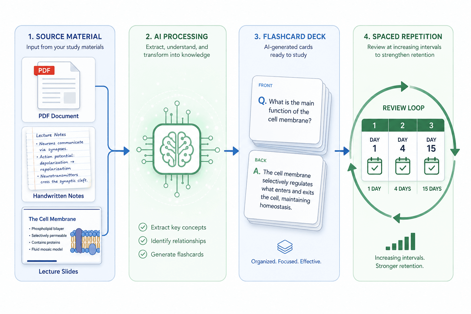 Pipeline illustration showing source materials feeding into an AI processing node, which outputs a stack of flashcards connected to a spaced repetition review loop