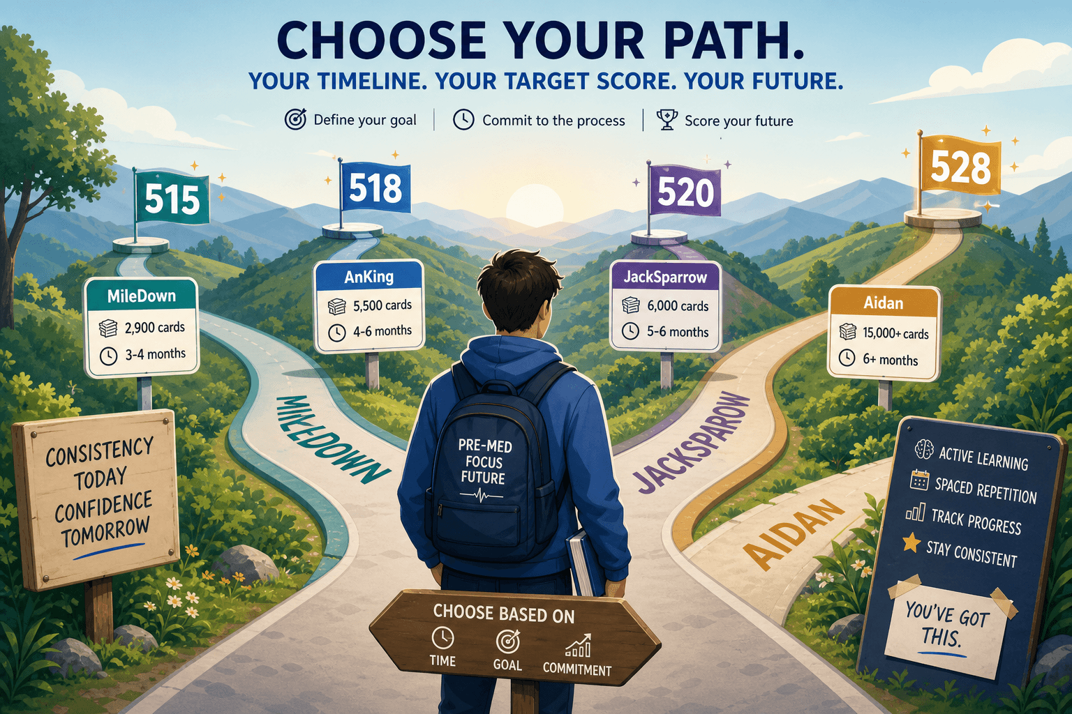 A pre-med student stands at a fork in a road with four labeled paths (MileDown, AnKing, JackSparrow, Aidan) leading to different MCAT score destinations (515, 518, 520, 528), each path showing a small info placard with card count and recommended timeline.