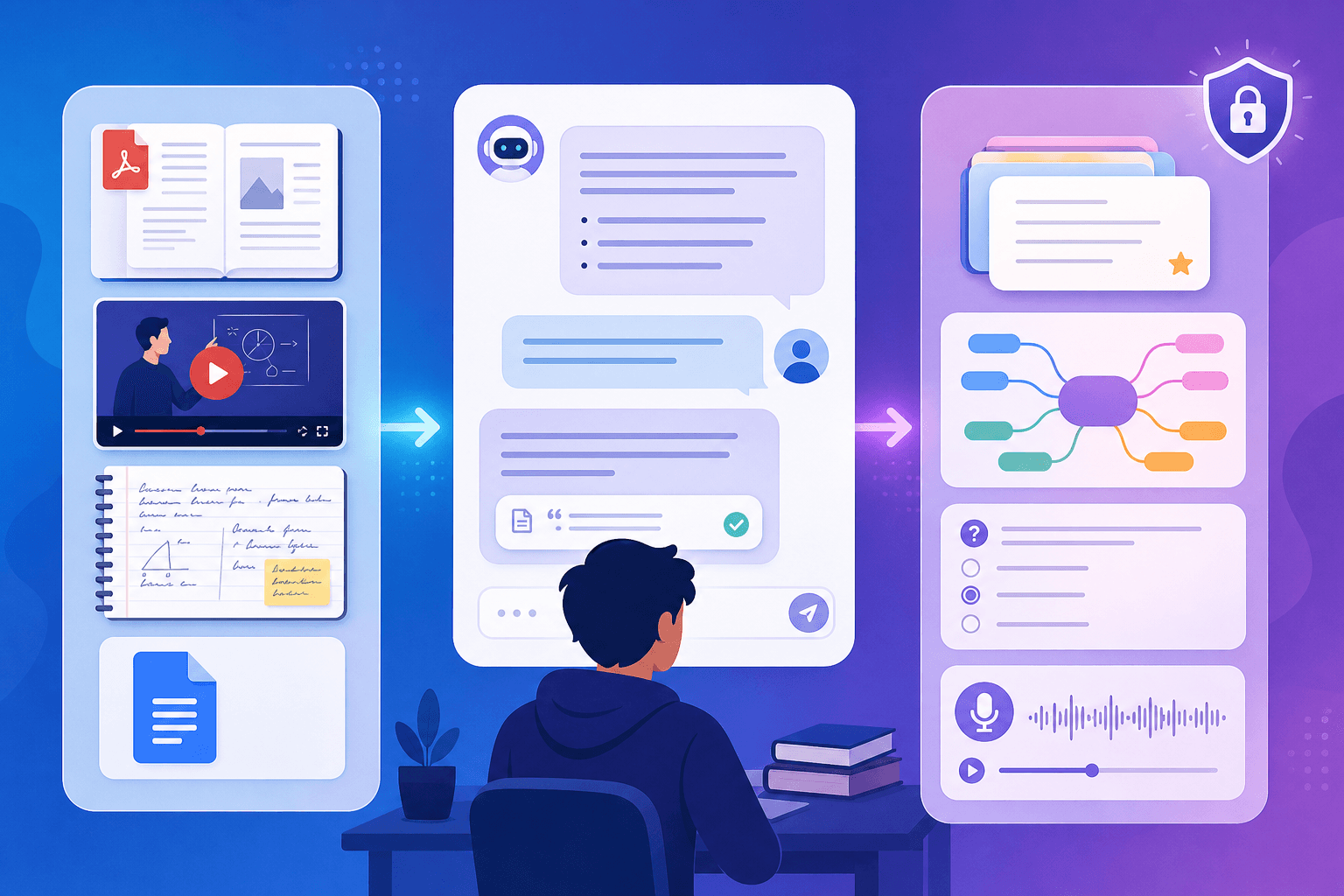 An illustration showing a three-panel layout representing NotebookLM's source inputs, chat interface, and study outputs.