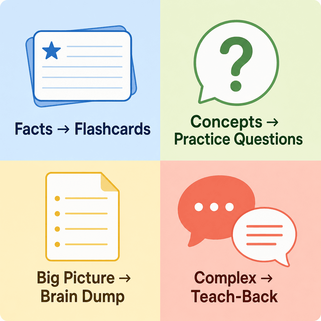 A 2x2 grid pairing four content types with their corresponding retrieval formats: flashcards for facts, practice questions for concepts, a brain dump sheet for big-picture material, and teach-back for complex or procedural content.