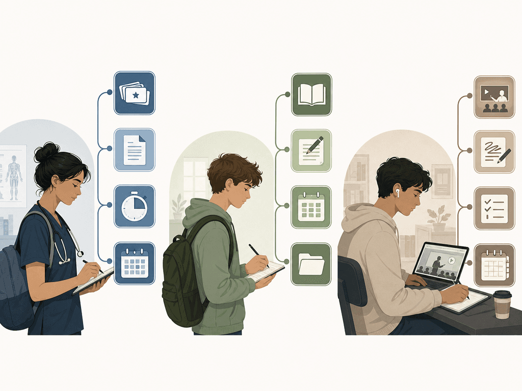 An infographic-style editorial illustration showing three student profiles — a medical student silhouette, a high school student silhouette, and a college student silhouette — each paired with a distinct set of four app icons connected in a stack by a flowing line.