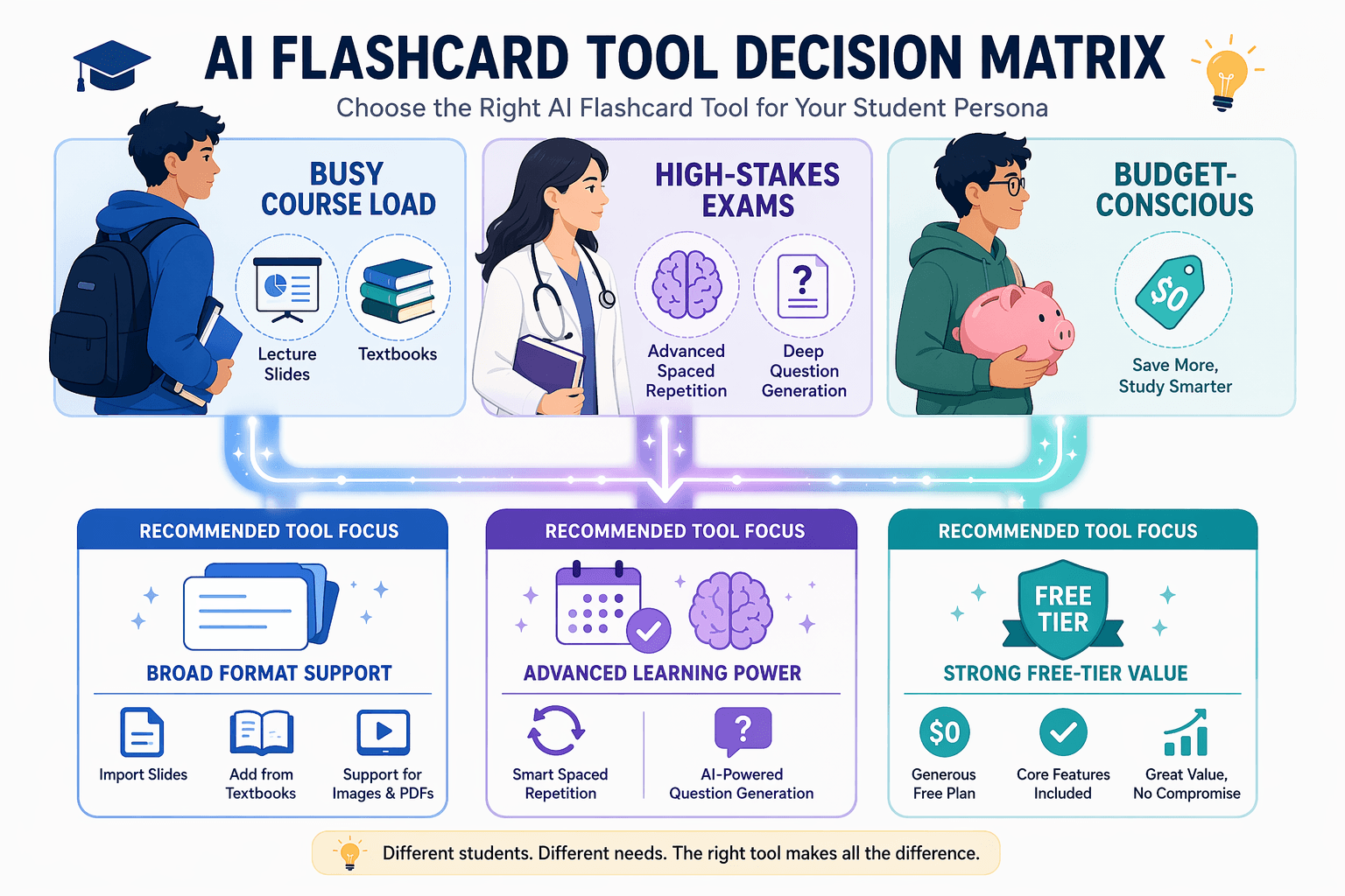 Decision matrix showing three student silhouettes connected to corresponding tool recommendation categories.