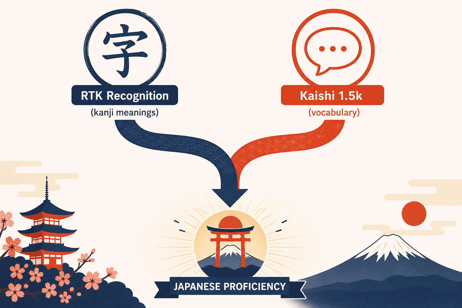 An illustration showing two pathways — RTK Recognition and Kaishi 1.5k — merging into a single arrow toward a Torii gate.