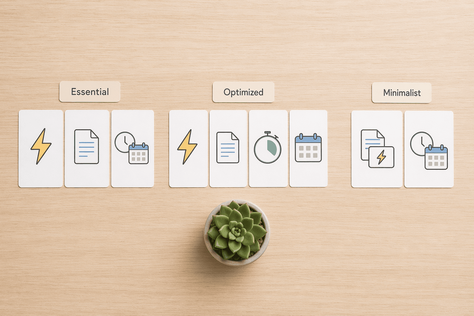 Flat-lay showing three groups of white icon cards labeled Essential, Optimized, and Minimalist, each with different combinations of app-category icons.