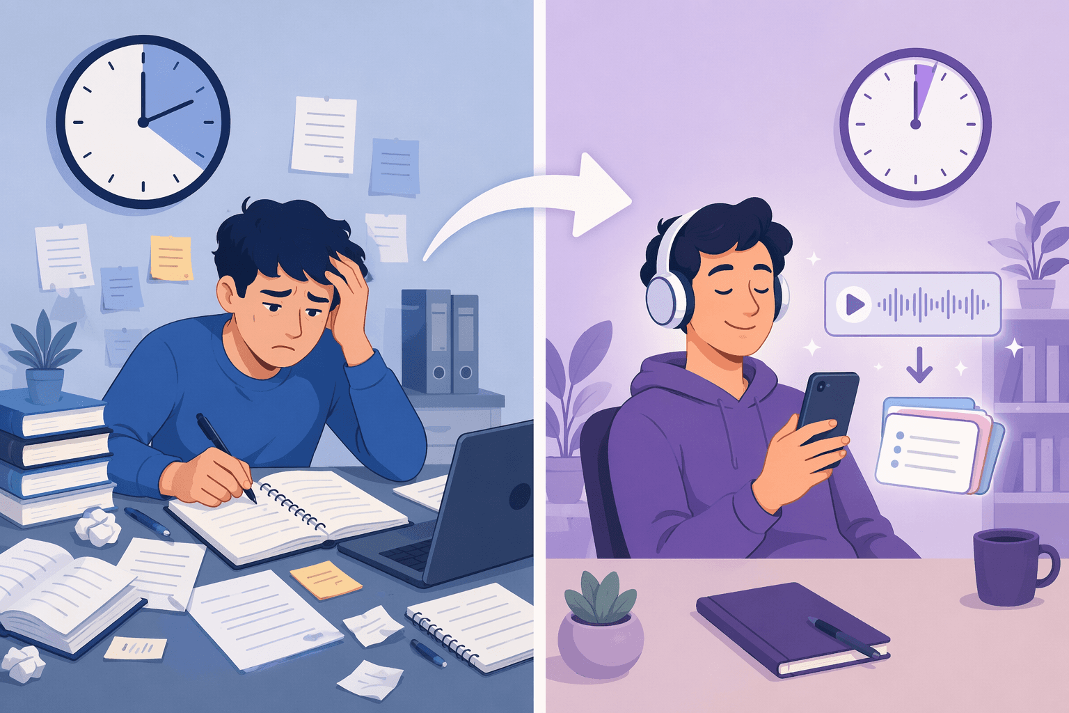 A split comparison illustration showing a stressed student with scattered notebooks and a 60-minute clock on the left, and a relaxed student with a smartphone and headphones showing quick AI generation on the right, with a curved arrow flowing between them.