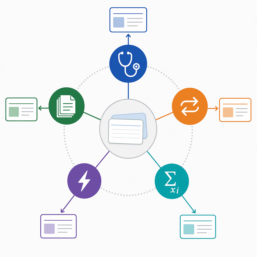 Radial infographic layout connecting five student reader profiles — med student, document-heavy learner, Quizlet refugee, casual learner, and STEM student — each with a distinct icon and color, linked to flashcard tool representations.