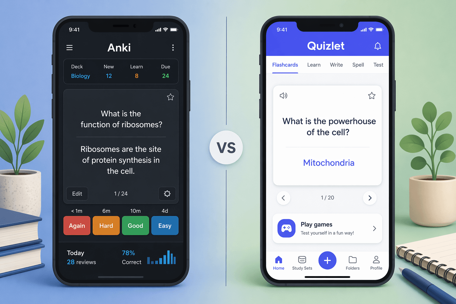 Two smartphone screens shown side by side in flat vector style — a dark Anki-style interface on the left with rating buttons and progress stats, and a bright colorful Quizlet-style interface on the right with a study set and game mode icon, separated by a subtle 'vs' divider on a soft blue-green gradient background.