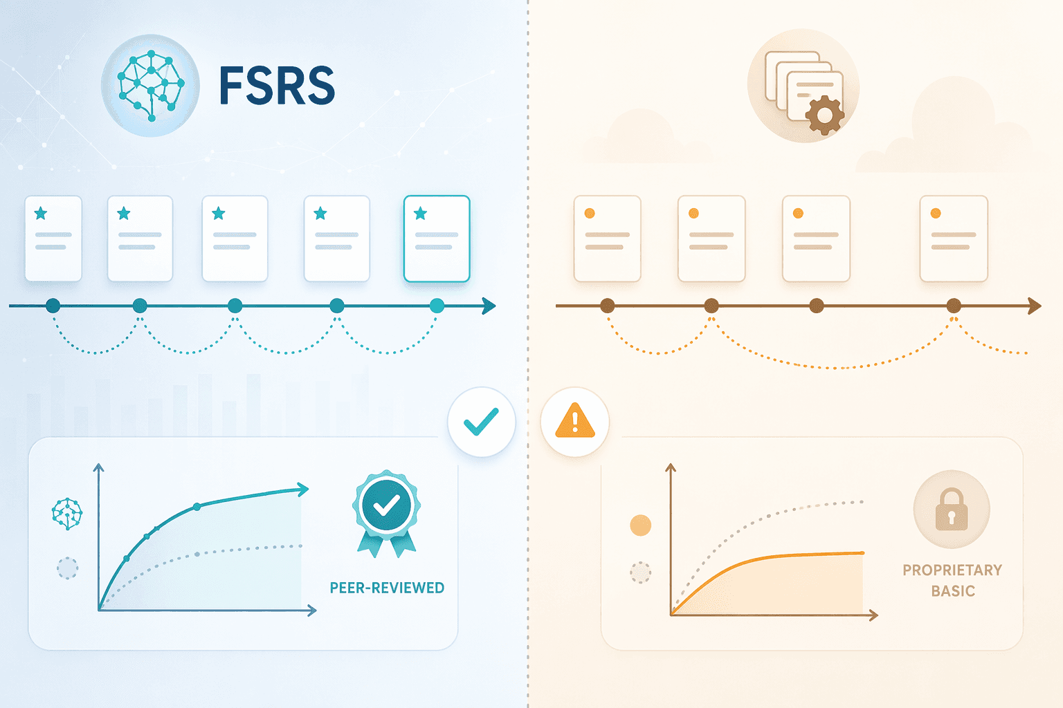 Split comparison showing precise FSRS intervals with a peer-reviewed badge on the left versus simpler, wider gaps with a warning icon on the right.