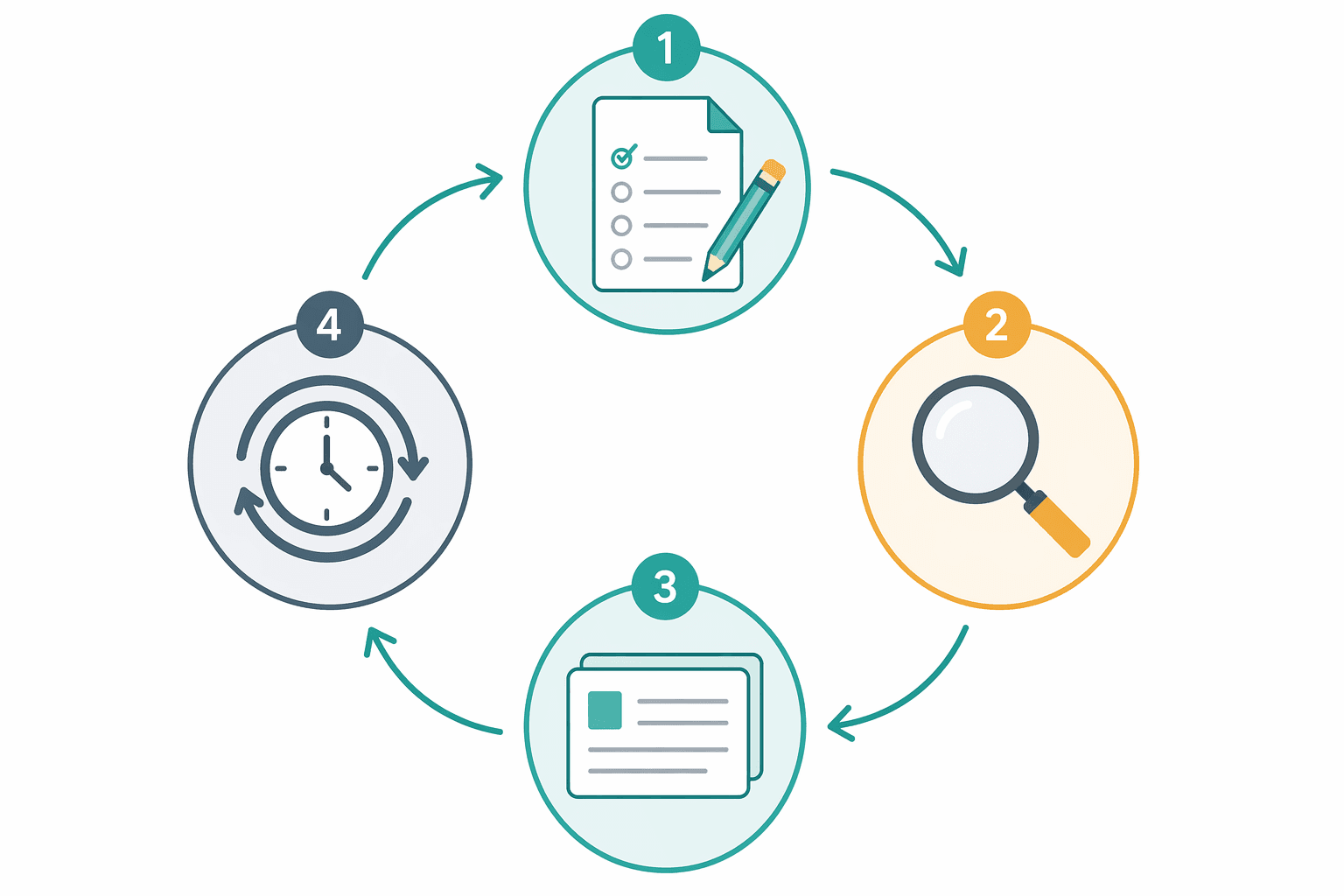 Circular four-stage workflow diagram: Practice Questions, Identify Mistakes, Create 1-3 Anki Cards, Spaced Review, with arrows looping back to the start.