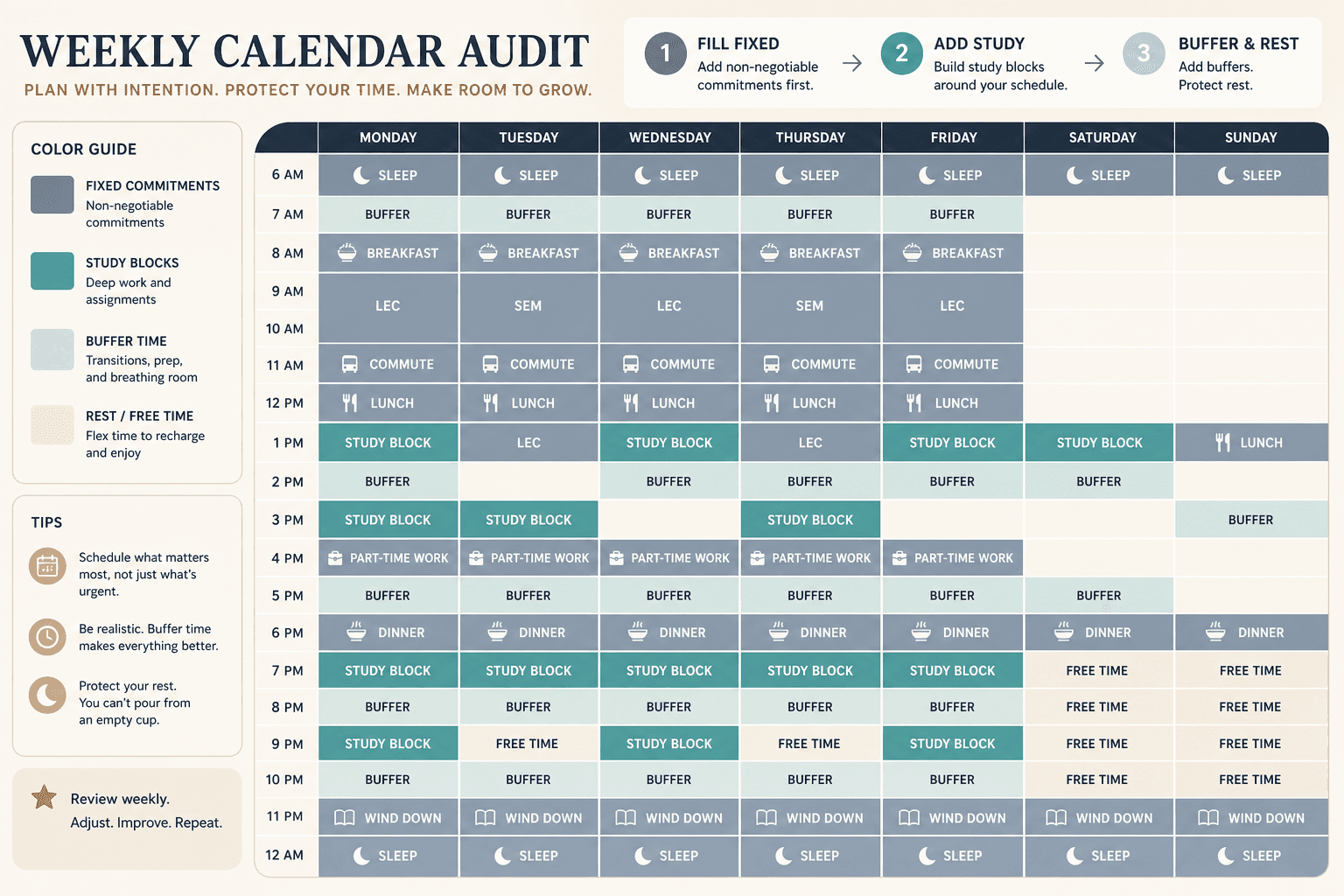 Weekly calendar grid showing fixed commitments in gray-blue and study blocks in warm teal, with buffer blocks in lighter tones.