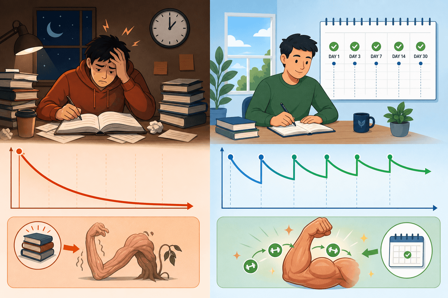 Split-screen flat vector illustration showing cramming on the left with a steep forgetting curve and spaced repetition on the right with review markers lifting the curve.