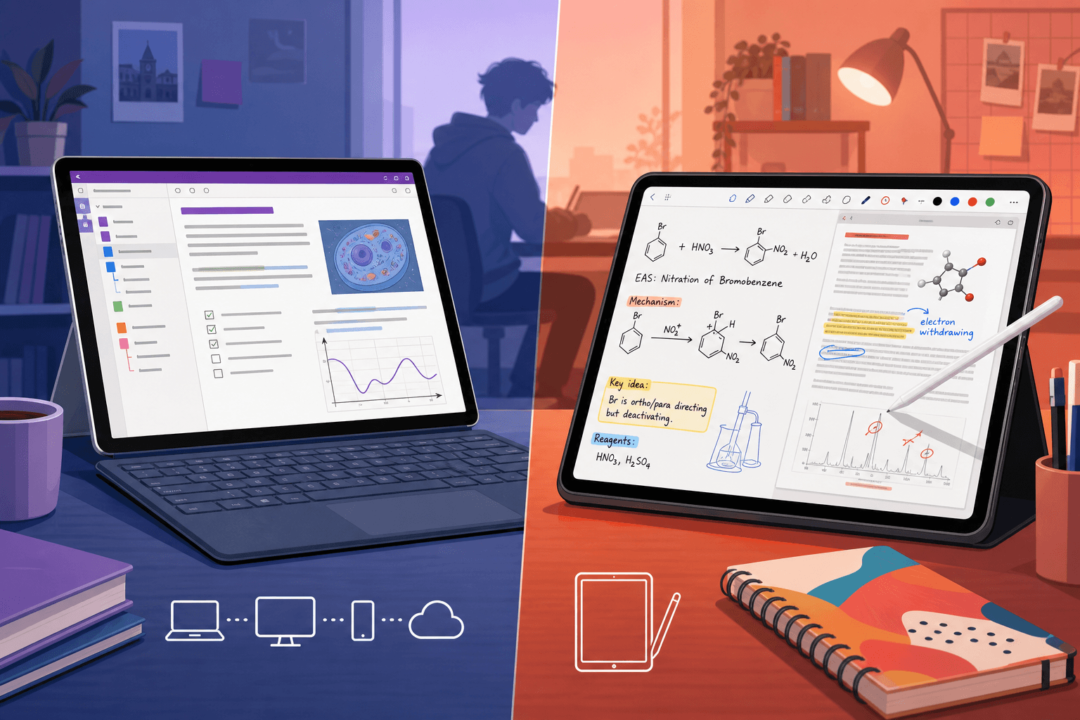 Split-screen illustration: Surface Pro with OneNote's structured typed notes on the left, iPad with Apple Pencil and GoodNotes handwritten chemistry equations on the right.