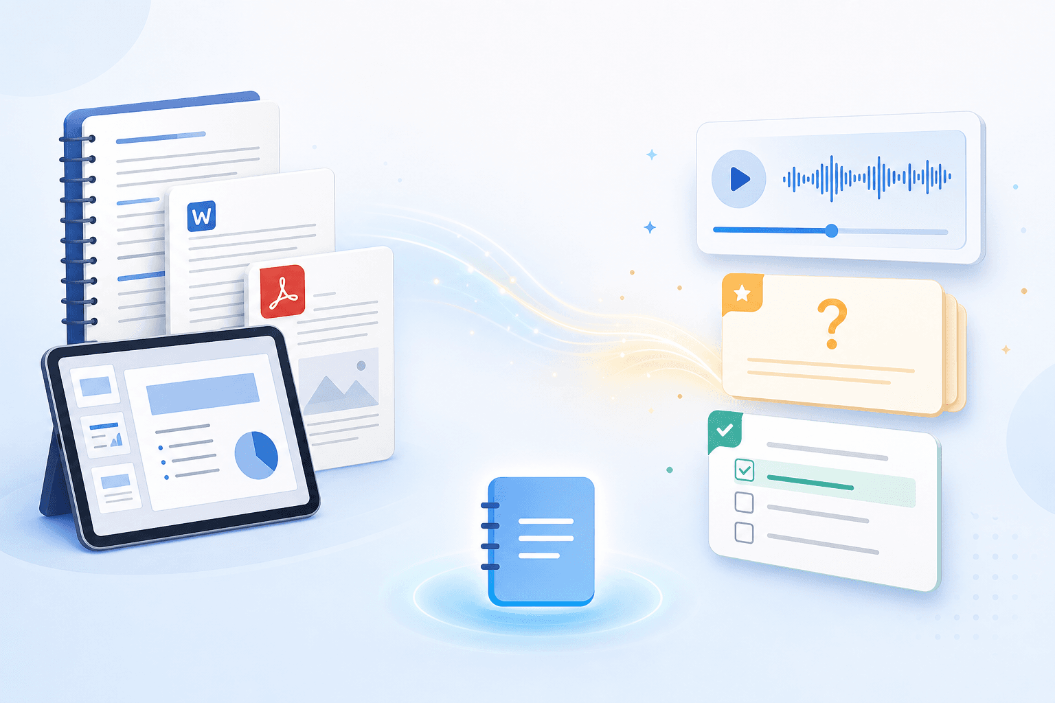 Flat illustration showing lecture notes and PDFs transforming into AI-generated study outputs including audio waveform, flashcard, and quiz cards