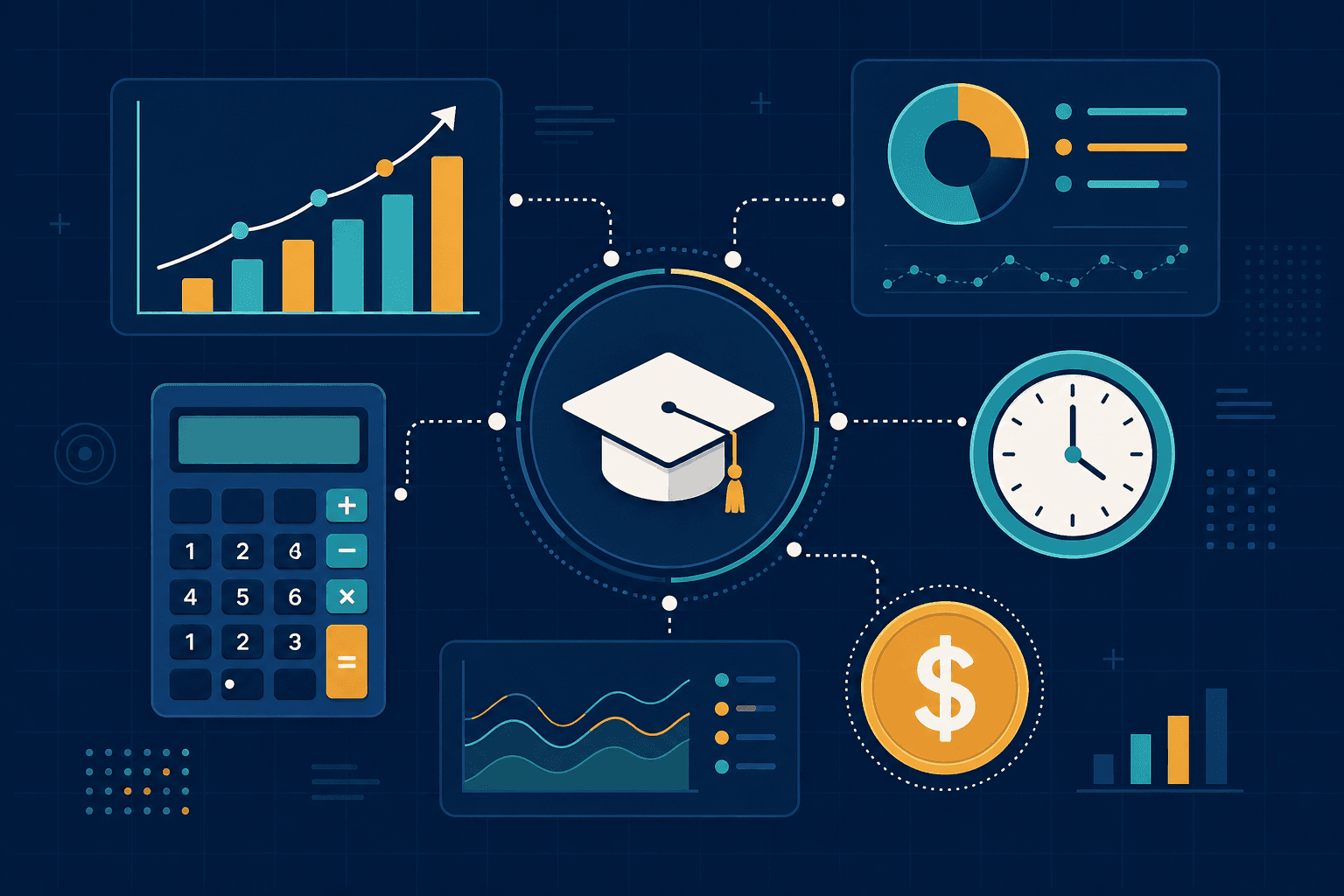 A flat vector illustration on a dark navy background with grid lines. A graduation cap icon sits at the center, surrounded by connecting dotted lines to a calculator icon, a rising bar chart, a clock icon, and a dollar sign symbol. Teal, amber, and white accents.