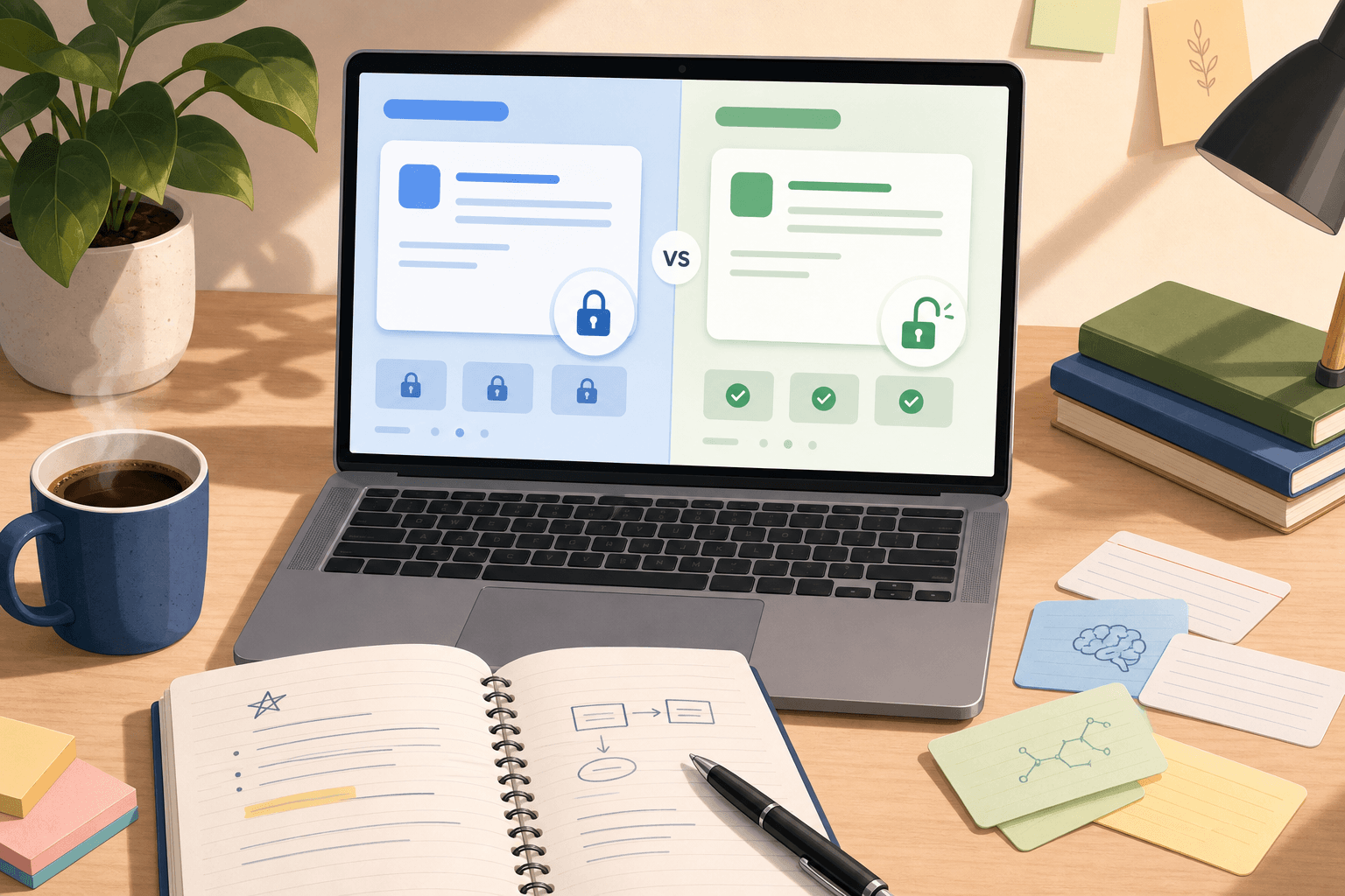 College student's desk with a laptop showing two abstract flashcard app interfaces side by side — one in blue with a locked padlock, one in green with an open padlock and checkmarks — separated by a 'vs' divider.