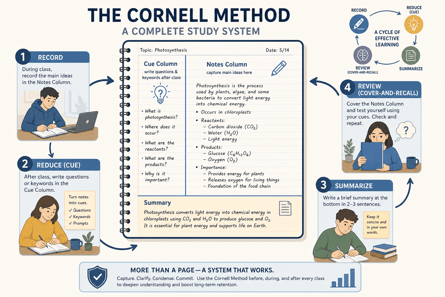 A flat-vector Cornell notes page layout in soft blue, cream, and slate gray, divided into three labeled zones: a wide right Notes column, a narrow left Cue column, and a bottom Summary strip. Workflow arrows around the page show a four-phase cycle: Record, Reduce, Summarize, Review.