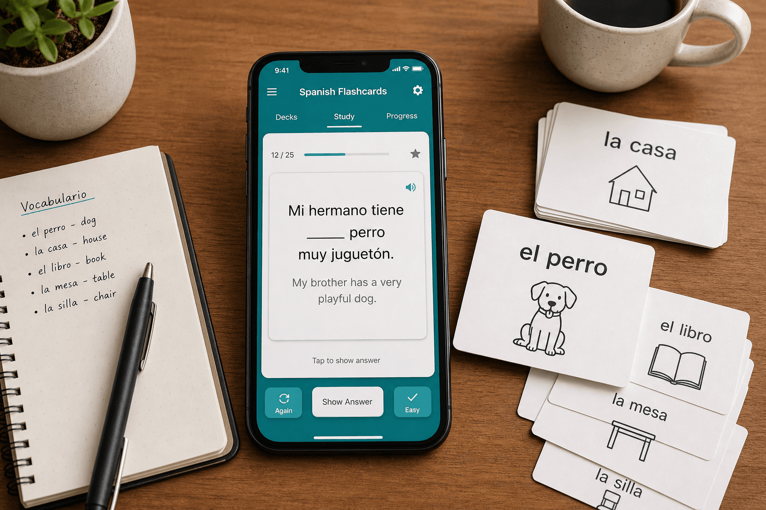 A flat-lay composition on a wooden desk showing a smartphone with a Spanish Anki cloze-deletion card on the screen, physical flashcards including one showing 'el perro' with a dog icon, a notebook, a pen, and a coffee cup in soft natural lighting.