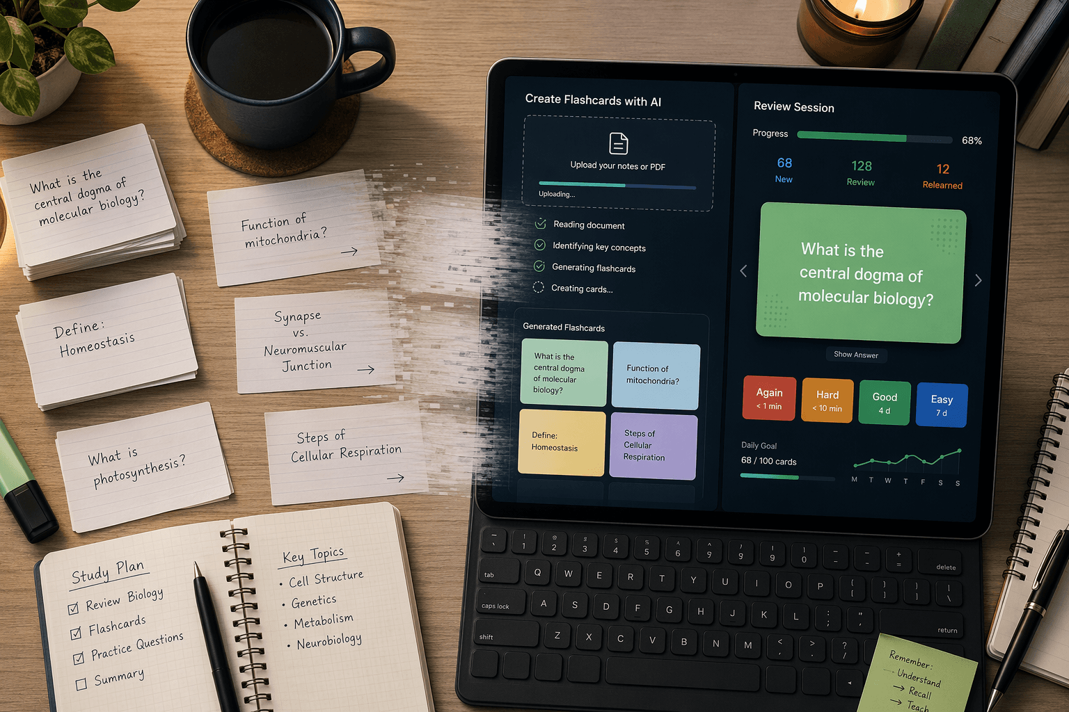 Flat lay overhead view of a study desk showing paper flashcards on one side sliding toward a laptop displaying a flashcard app with AI generation and spaced repetition panels.
